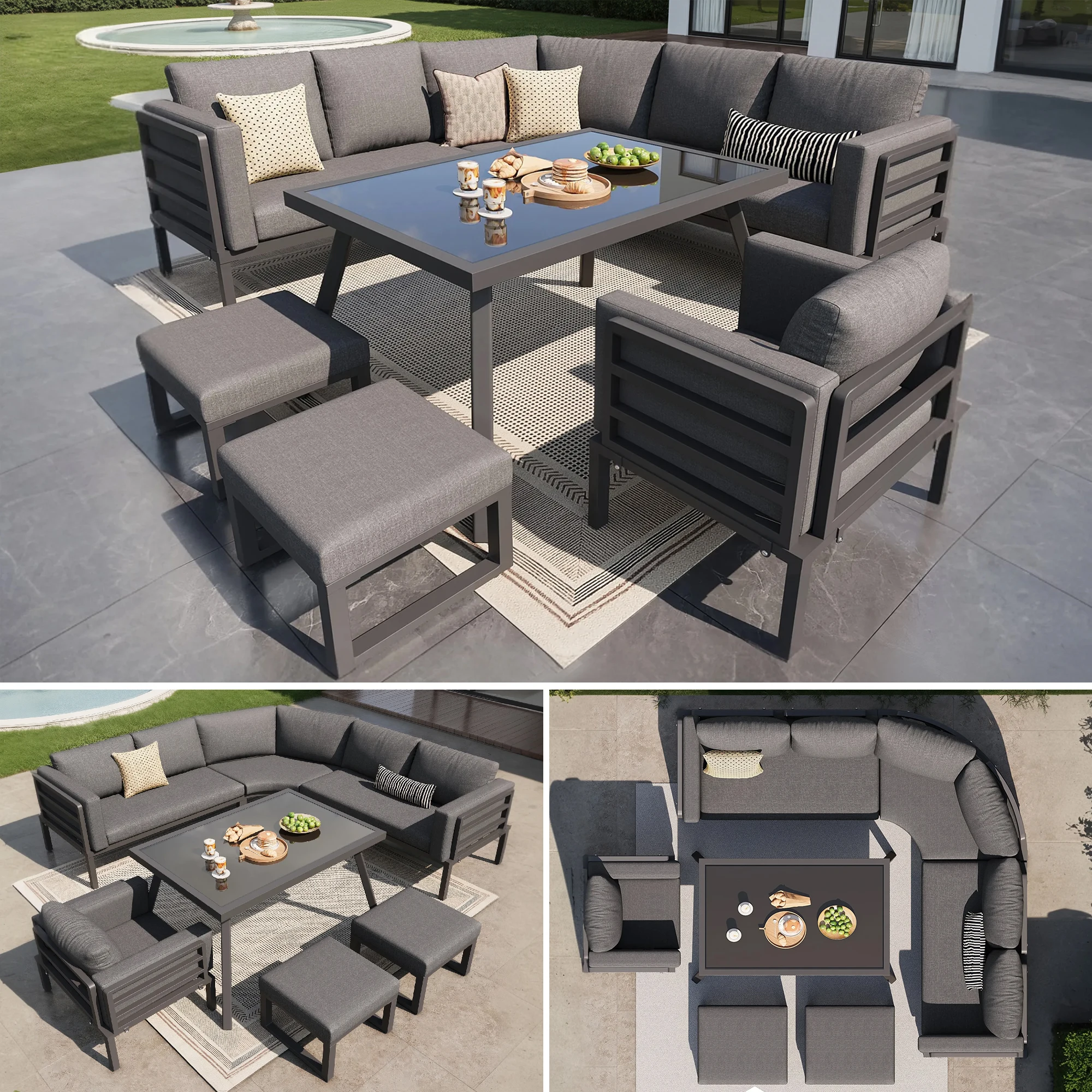 Halbmondförmiges Garten-Sofa-Set für 8 Personen / Robuster Eisenrahmen mit grauen Kissen / Inklusive Glastisch