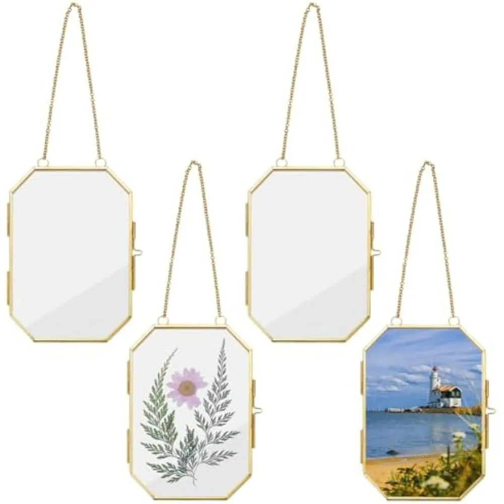 4 Stück Bilderrahmen zum Aufhängen an der Wand, 16,5 x 10,2 cm, Doppelglas-Bilderrahmen mit Kette, achteckiger Messingrahmen, DIY Vintage Image