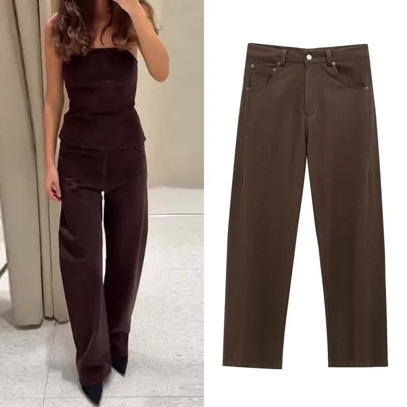 HXAO Damen-Jeans, braun, hohe Taille, Tasche, Vintage, Baggy-Jeans, Frau, lange Freizeithose, Frühlingshose, Streetwear, Sommer 2025,