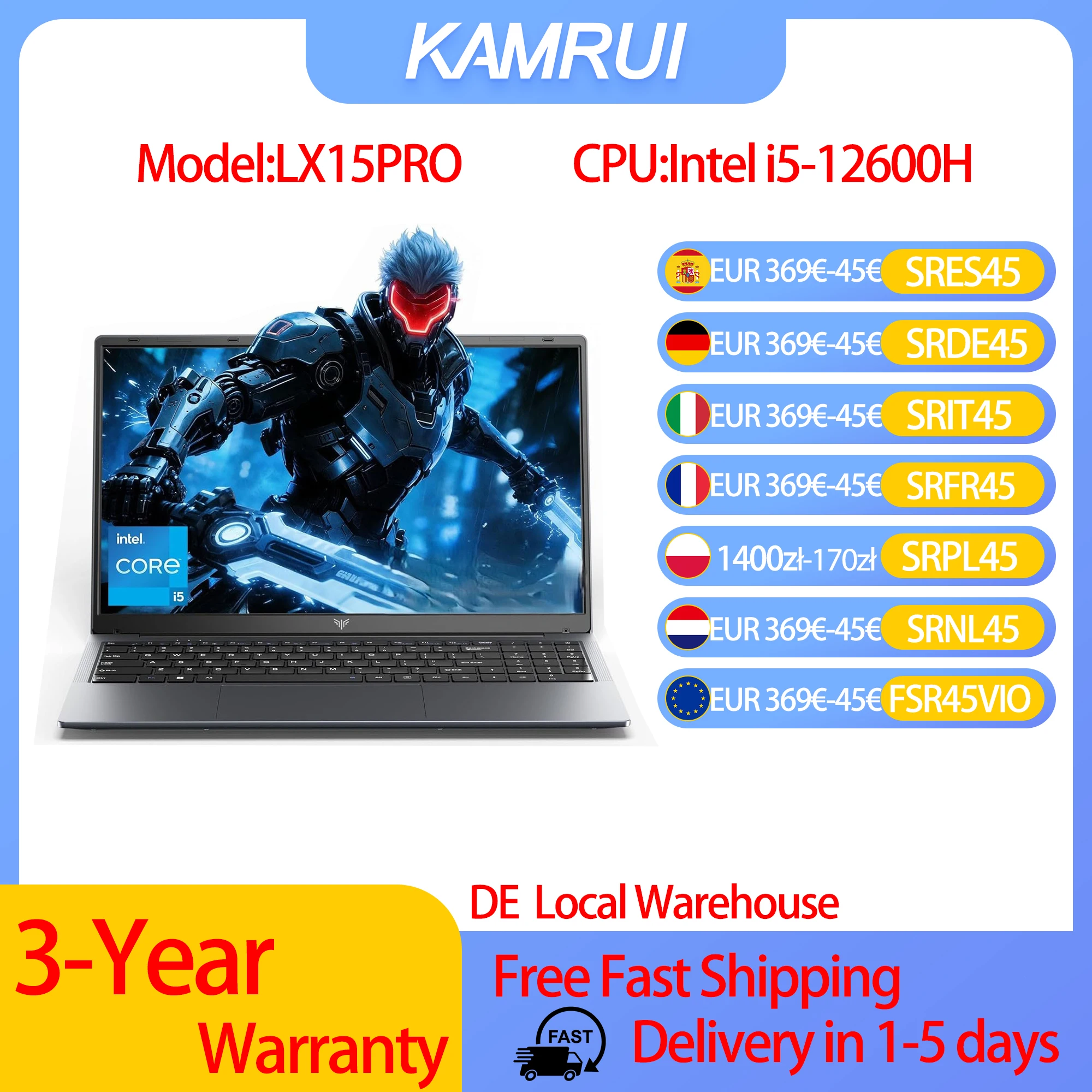 Kamrui LX15PRO I5 12600H 15,6 Zoll Gaming-Laptop mit Intel Core 16GB DDR4 RAM 512GB SSD WLAN 6 Windows 11 Laptop-Computer für Videobearbeitung Image