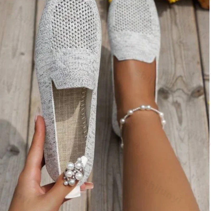 2024 einfarbig Karree Mesh Loafers Flache Frauen Wohnungen Schuhe Weichen Boden Stricken Ballerinas Schuhe Casual Slip auf Boot Schuhe