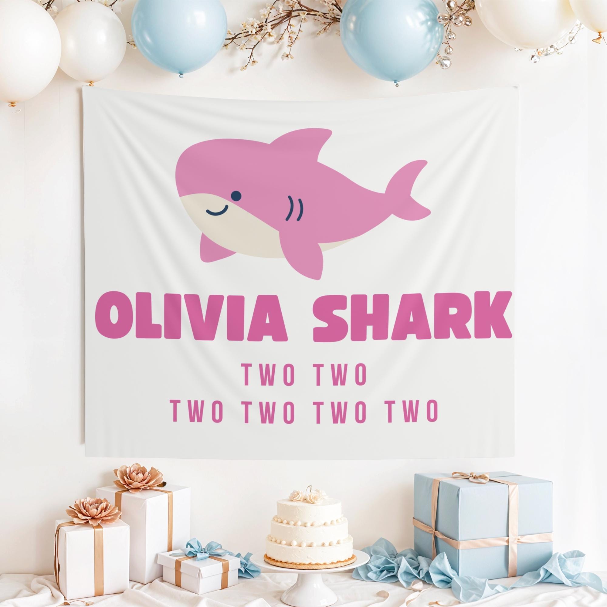 "Striscione personalizzato \"Baby Shark Two Two Two\", sfondo \"Baby Shark Two Two Two\", striscione \"Baby Shark\", compleanno di Baby Shark, compleanno di"