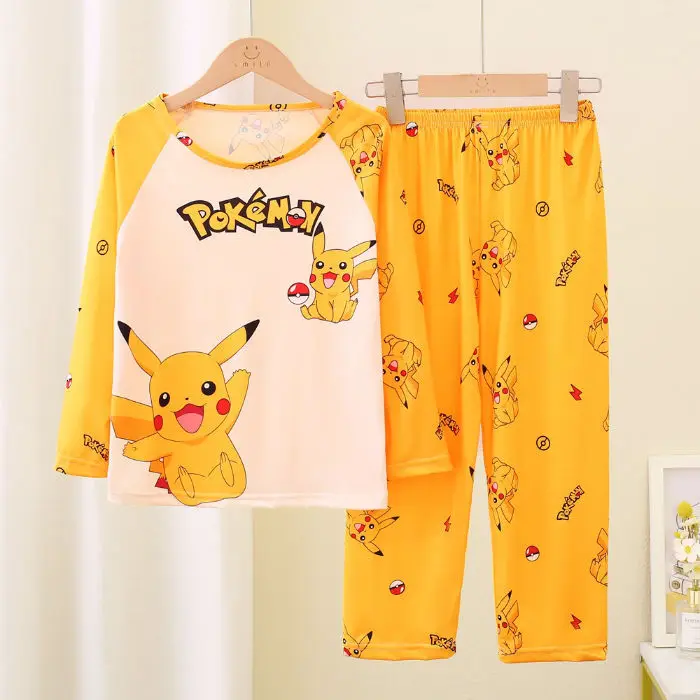 Nouveaux ensembles de vêtements pour enfants du printemps Pikachu Pyjama pour garçon à manches longues + pantalon Vêtements pour enfants Ensemble de pyjamas pour bébés filles