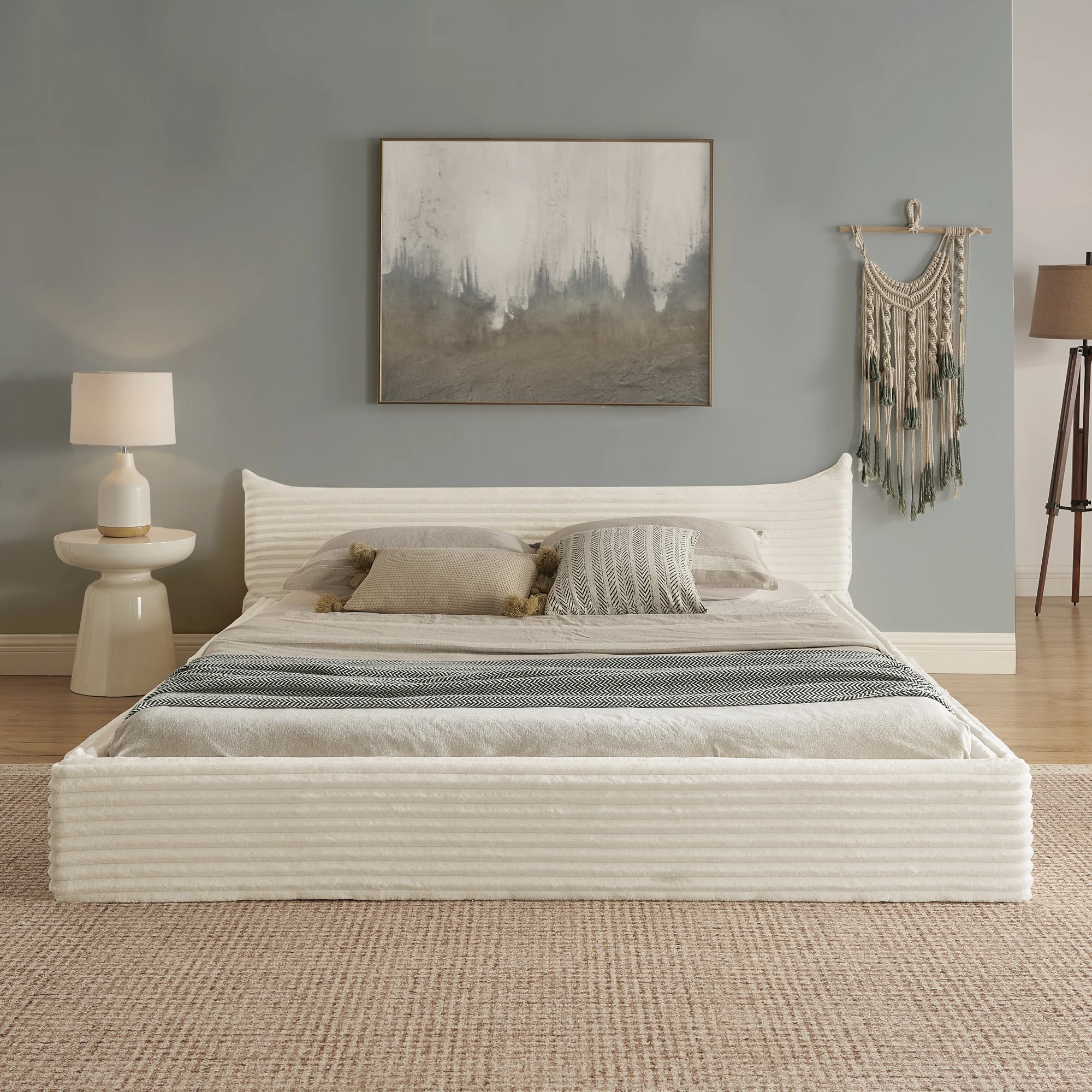 KOMHTOM Corduroy-Doppelbett Elegantes Kleinkantendesign, Eukalyptusholz-Eisenrahmen, Einfache Montage (ohne Matratze) Image