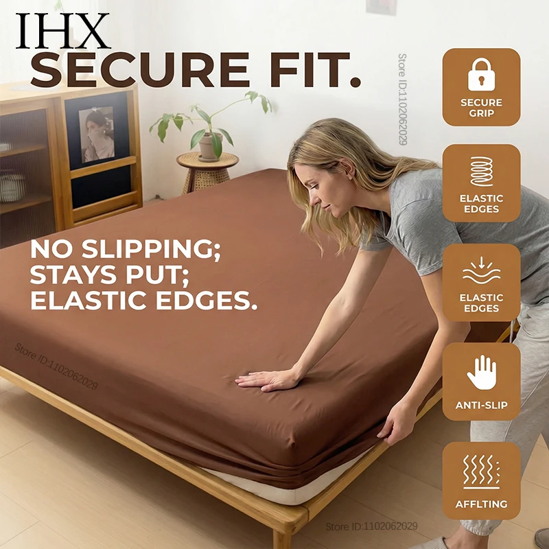 IHX Einfarbiges Spannbettlaken mit Elastikbändern Luxuriöser Matratzenbezug Einzel Doppel King Queen Maßgefertigte Größe Bettbezug Image