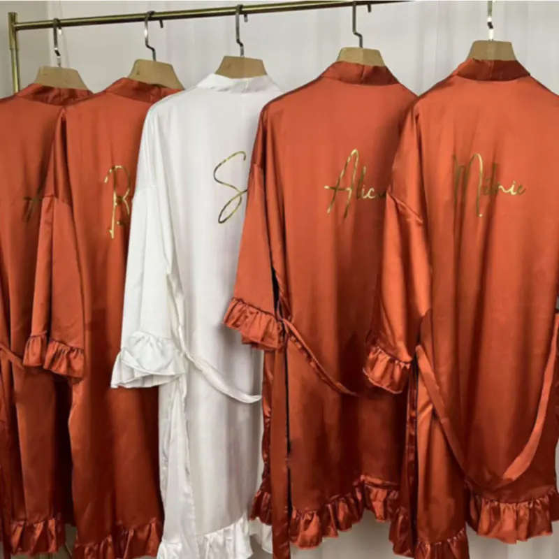 Maßgeschneiderte Rüschen Brautjungfer Roben Personalisierung Braut Seide Hochzeit Party Morgenmantel Satin Rüschen Robe Weiche Damen Kimono Image