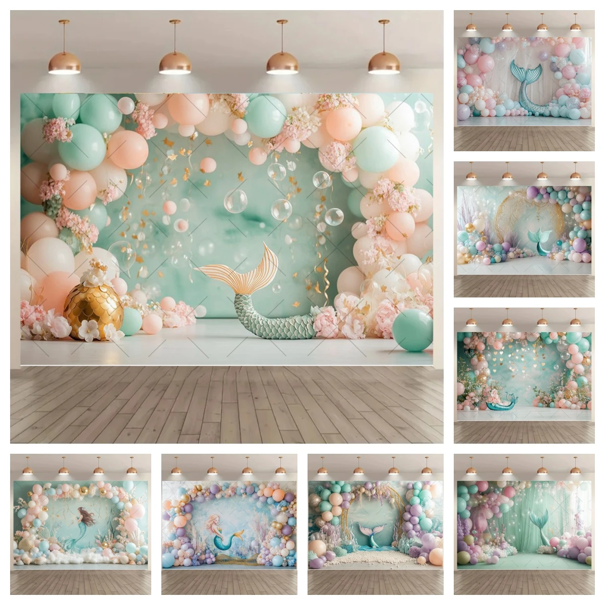 Ballon-Meerjungfrauen-Fotografie-Hintergrund mit Meeresmotiv, Kindergeburtstag, Kuchen-Deko, Porträt-Dekoration, Hintergrund für Fotostudio Image