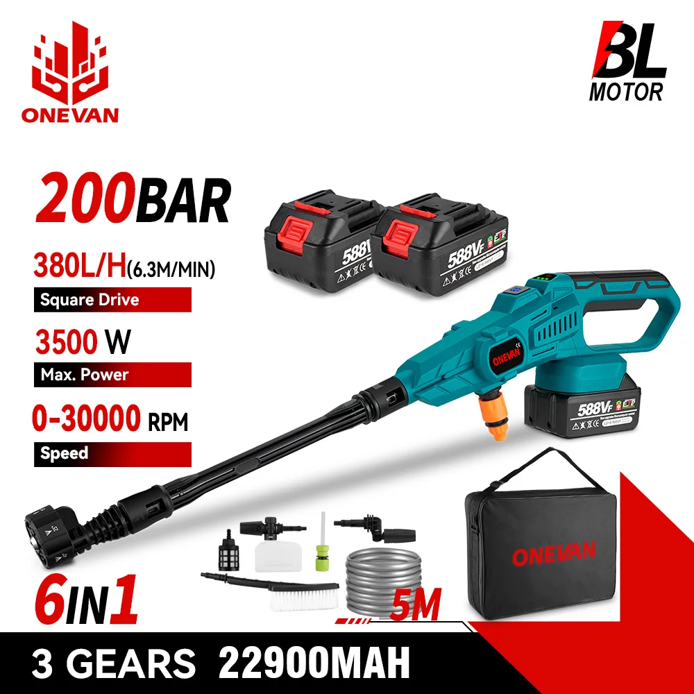 ONEVAN 200Bar 3500W Wasser Pistole Bürstenlosen Elektrischen Hochdruck Garten Waschmaschine Cordless Auto Waschen Pistole Für Makita 18V batterie Pin