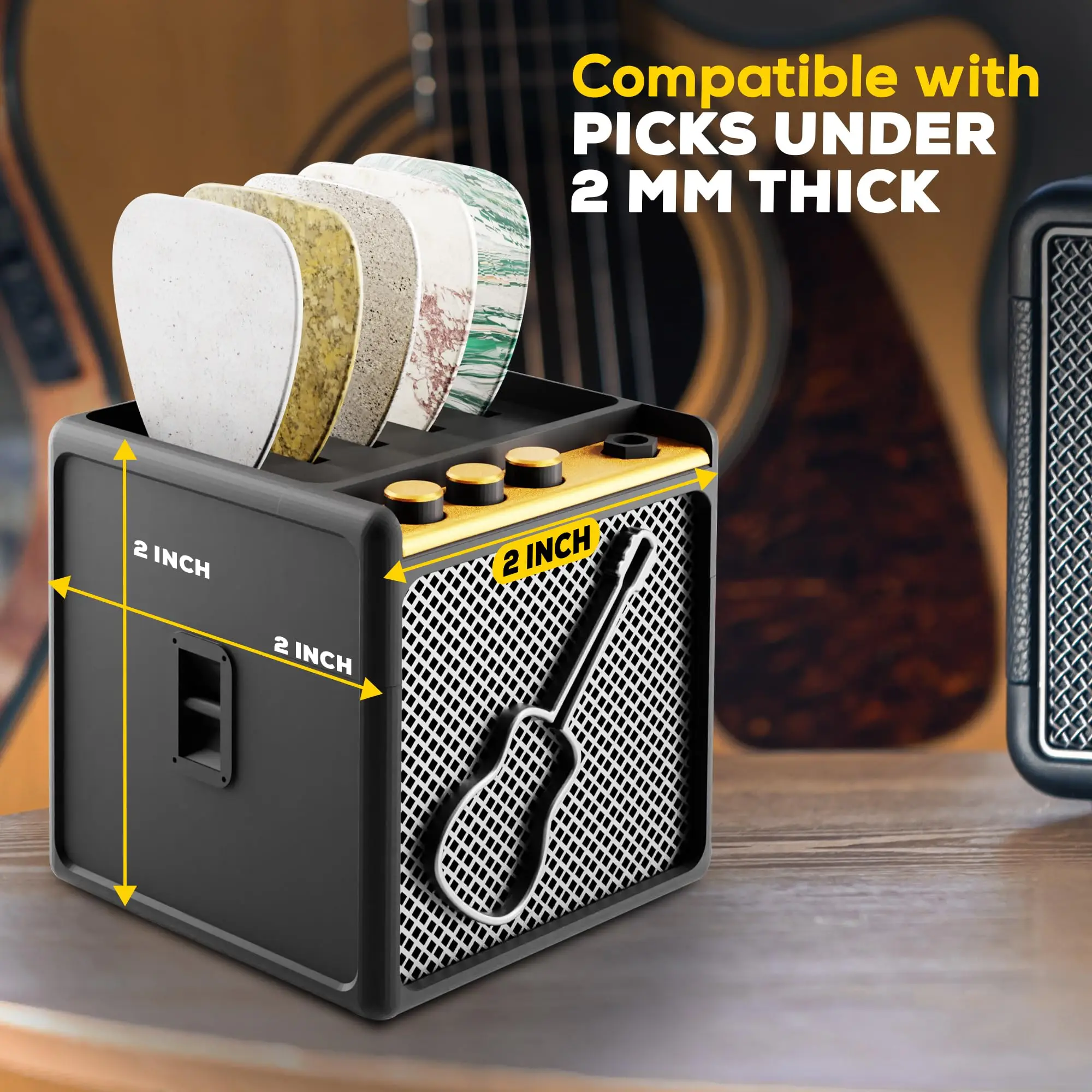 Gitarren-Picks-Halterbox, Amp-Lautsprecher-Pick-Halter mit 5 Zelluloid-Gitarren-Picks, Gitarren-Pick-Aufbewahrungsbox-Set für Gitarre, Bass, Großbritannien