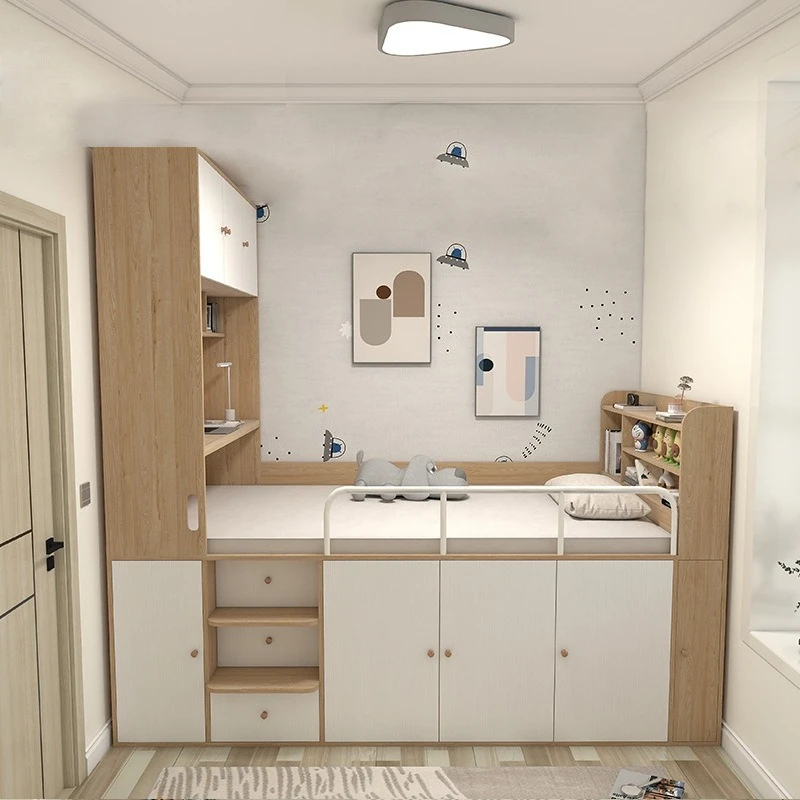 Kleines Kinderbett für kleine Wohnungen, halbhohes Bett mit integriertem Kleiderschrank, Schutzgitter, multifunktionalem Stauraum und Schreibtisch Image