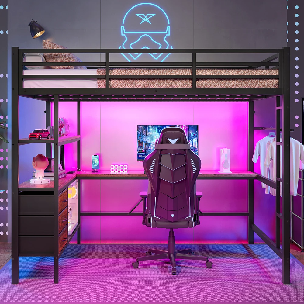 KOMHTOM 140×200 cm Hochbett mit LED-Beleuchtung, Schreibtisch, USB-Ladestation, 3 Schubladen, Regalen und Treppe, ohne Matratze Image