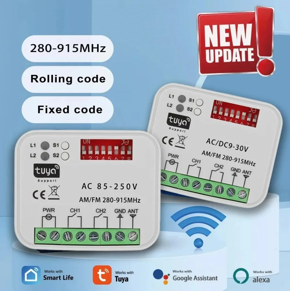 Tuya WiFi Garagentor Empfänger 2CH Tor Universal Empfänger Multi Frequenz für 300-900 MHz Fernbedienung Schalter 9-30 V 85-250 V Image