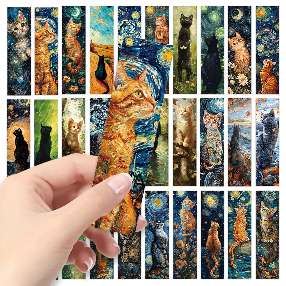 32 Stück Katzen-Lesezeichen der Van-Gogh-Serie, geeignet für Schulanfangssaison, Weihnachten, Halloween, Lehrer, Leser und Geburtstage Image