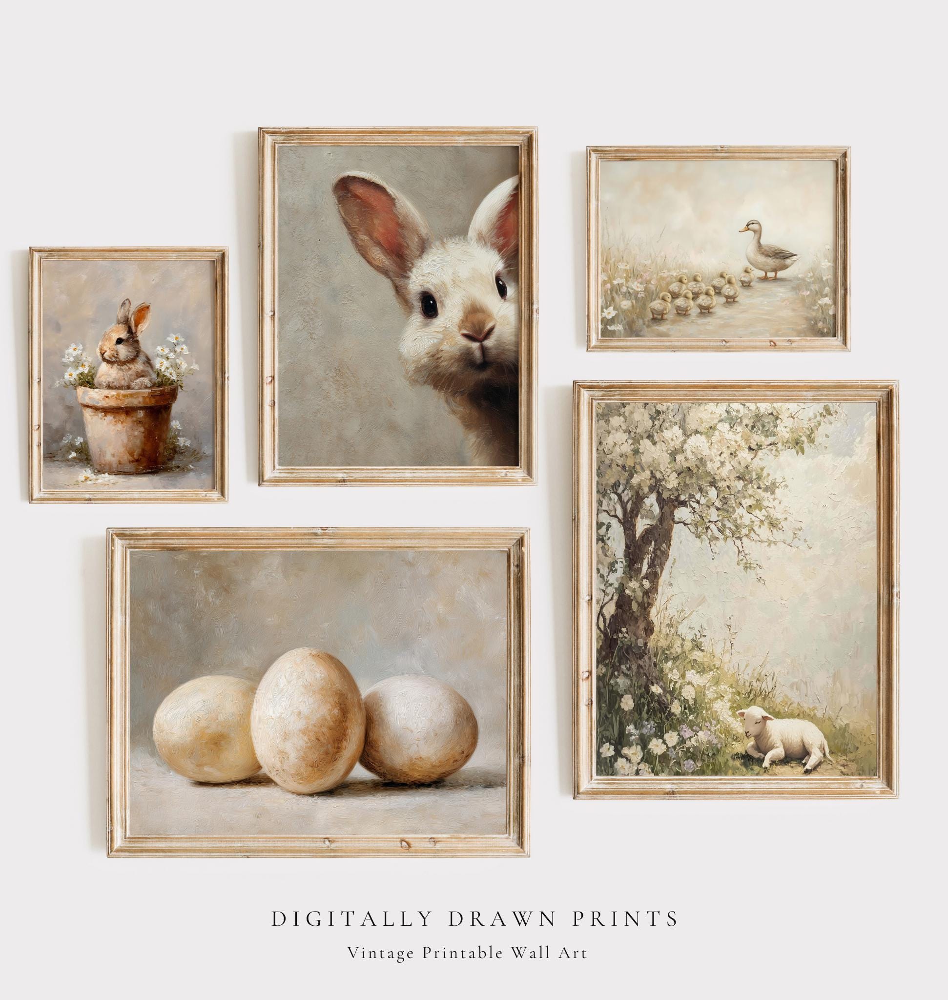 Set di decorazioni murali pasquali neutre stampabili, set di coniglietti primaverili vintage, decorazioni pasquali in stile fattoria, stampe di animal