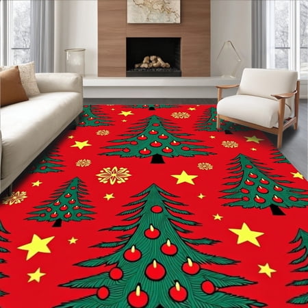 ODIKA 3 x5 Machine Washable Non-Slip Area Rug Festive Holiday Three Bathroom With Jolly Evergreen High Traffic Rug Red 738273