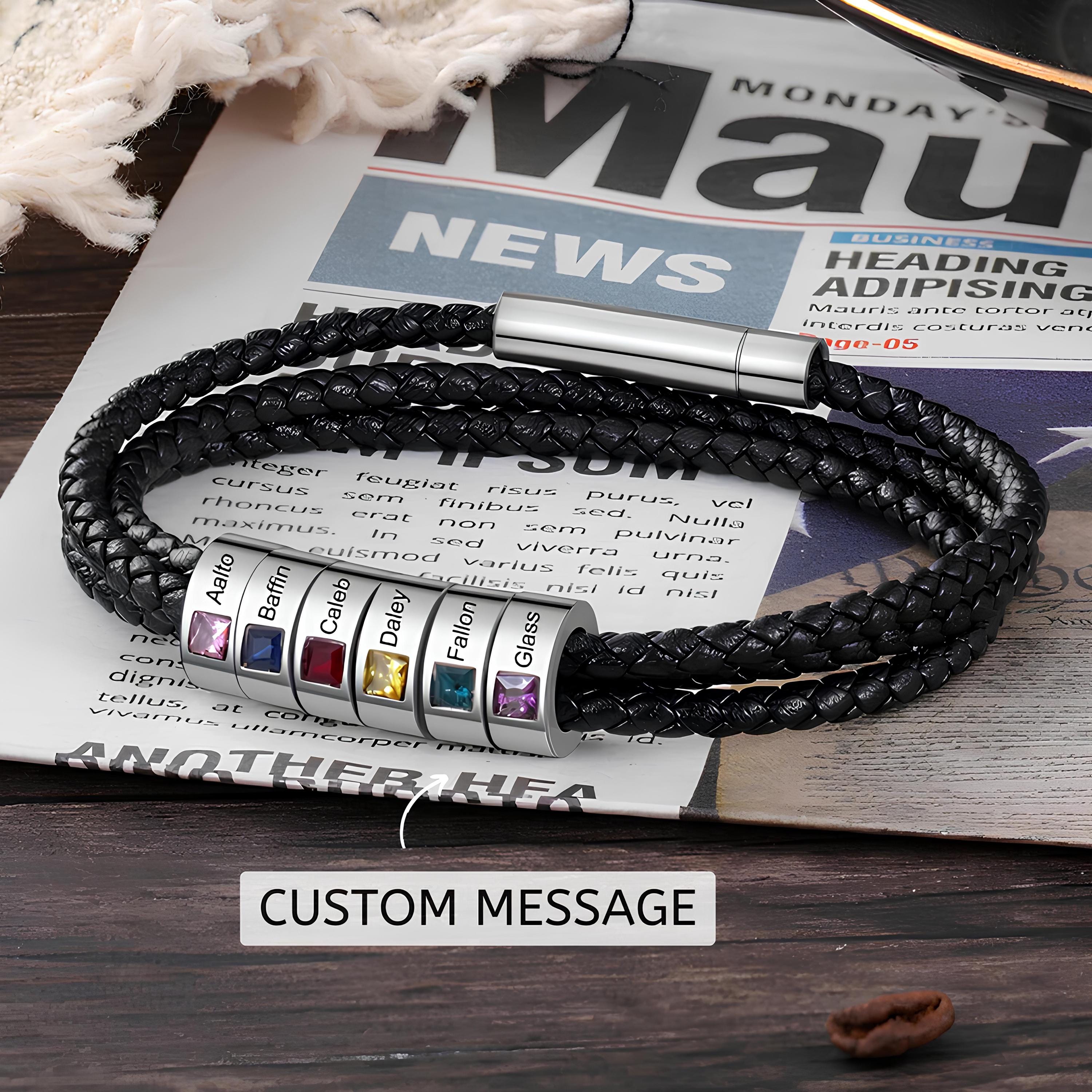 Bracciale in pelle da uomo personalizzato con nome e pietre portafortuna, braccialetto intrecciato nero personalizzato con 1-6 perline incise, regalo