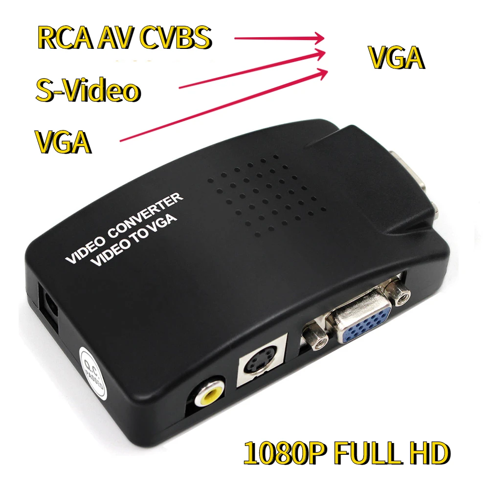 Adattatore da AV a VGA Convertitore da RCA CVBS a VGA PC Laptop Video TV RCA Composito S-Video AV In a PC VGA Convertitore uscita LCD Video Box