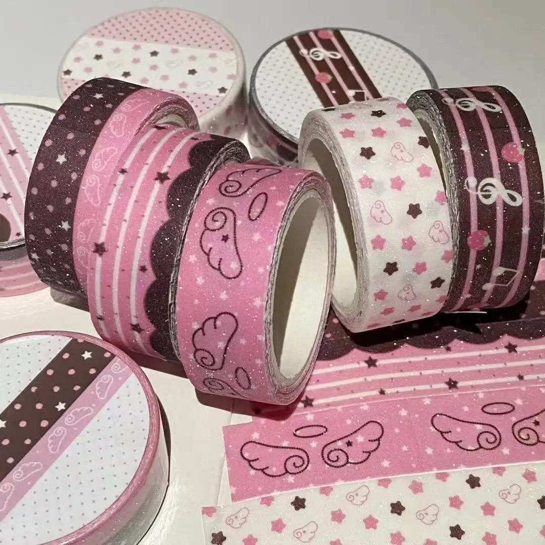 5-teiliges Set Rosa-Braunes Erdbeer-Heißgetränk Glitzer-Washi-Tape, Niedliches Dekorationsband für Handarbeiten, Antikes Klebeband, Deko-Aufkleber, Süßes Geschenk Image