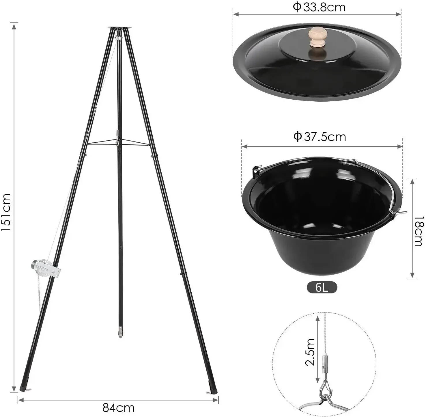 10L Gulasch-Kessel mit Dreifuß, Höhenverstellbar, Gulasch-Topf-Set, Emaillierter Gulasch-Topf für Picknick Camping Grillen Image