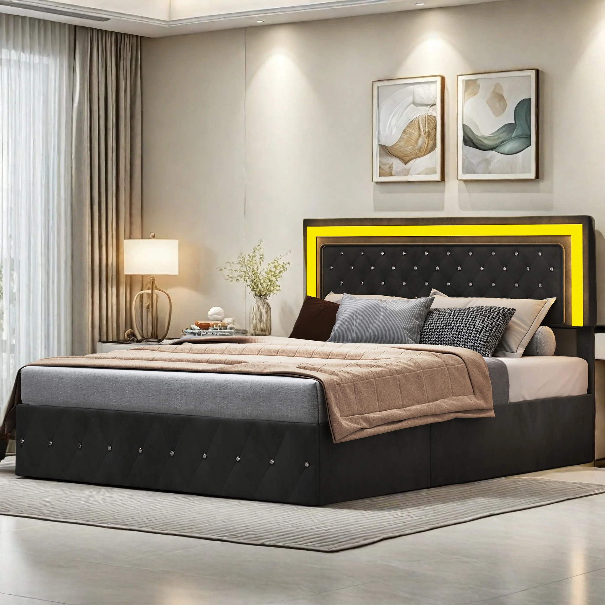 Comanlai 160x200cm Polsterbett, Doppelbett, Hydraulisches Bett mit Stauraum und Beleuchtung am Kopfteil, Samtstoff, Schwarz Image