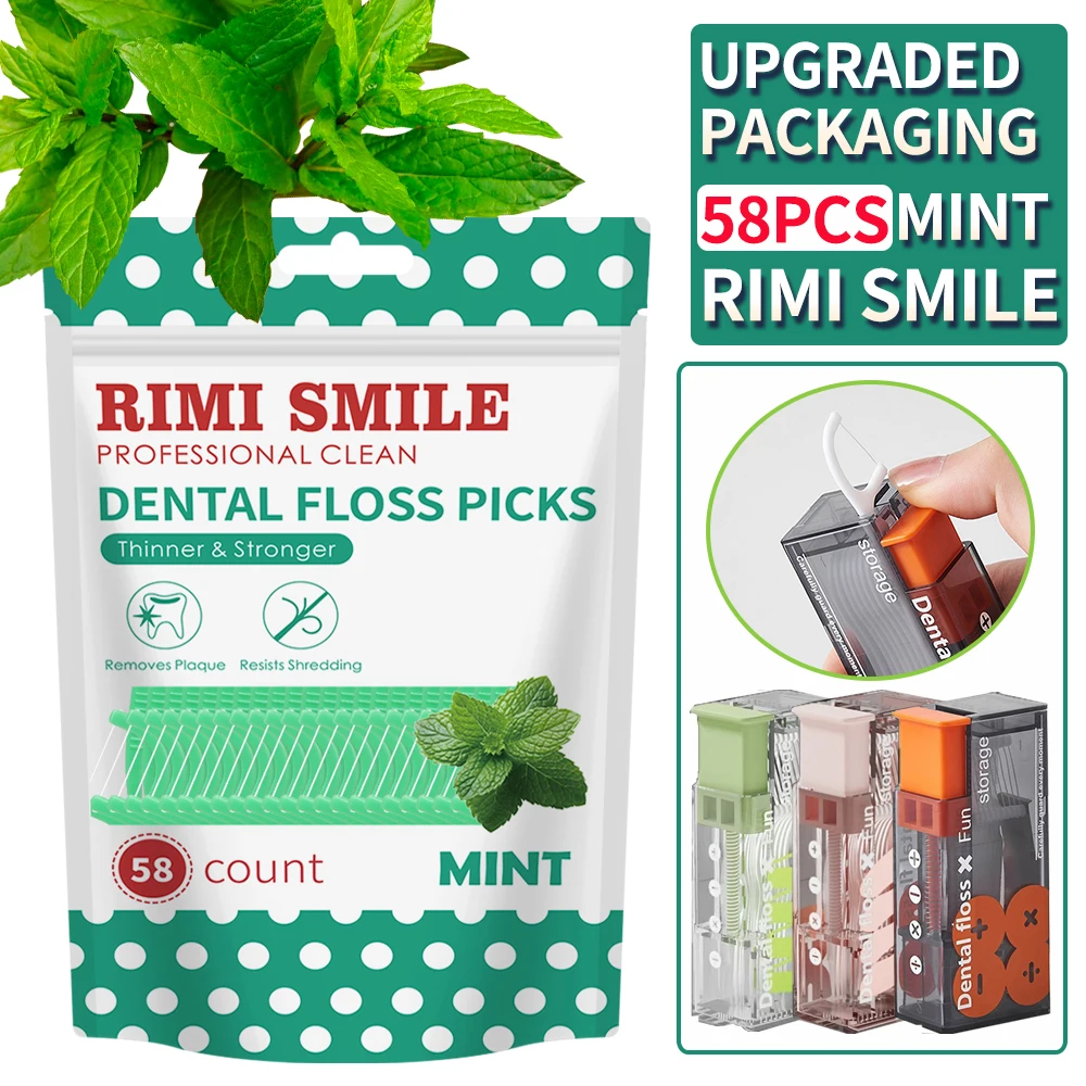 58 Zahnseide-Sticks mit Minzgeschmack - Tragbare, ultrafeine Zahnseide in Beuteln - Mit automatischer Zahnseide-Box - Grundlegende Hygienehilfe Image