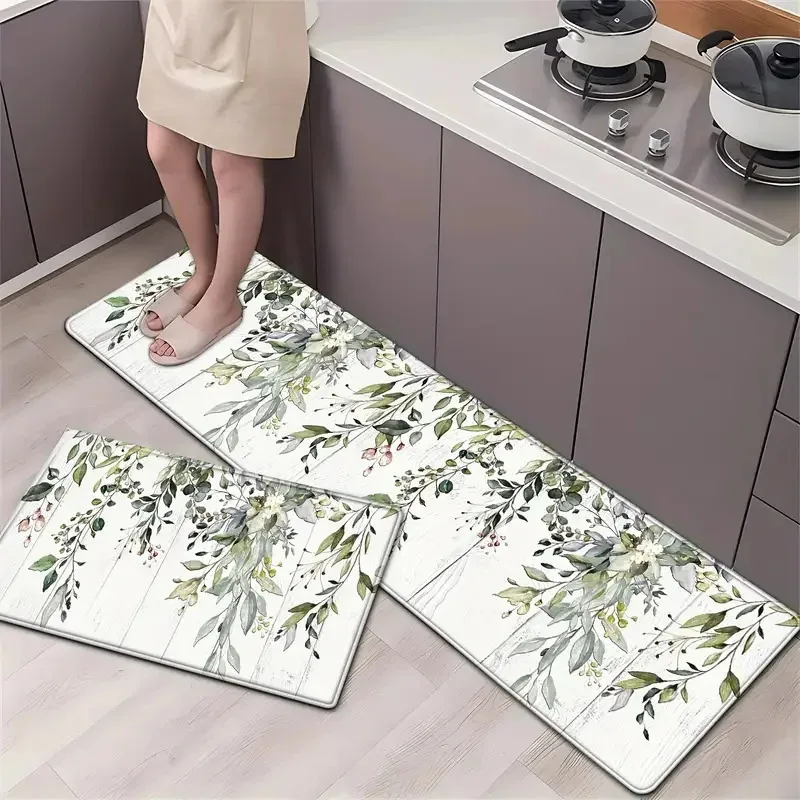VIKAMA 1/2 Stück Küchenbodenmatte mit frischen grünen Pflanzen, Anti-Ermüdungs- und Anti-Rutsch-Matte, Eingangsbereich, Flur, Teppich, Heimdekoration Image