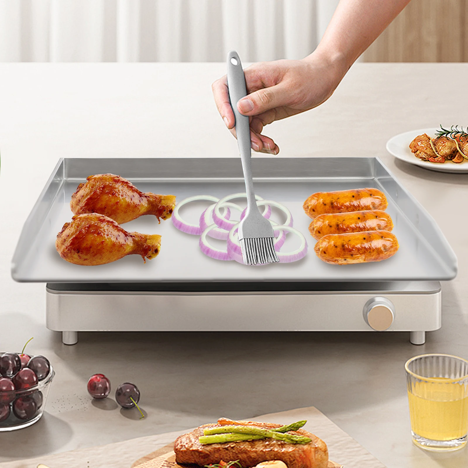 Stainless Steel Grill Plate, 45x30cm Universal BBQ Grill Tray for Charcoal Gas Grill, 4mm Thick, Camping Outdoor Cooking, Silver Image