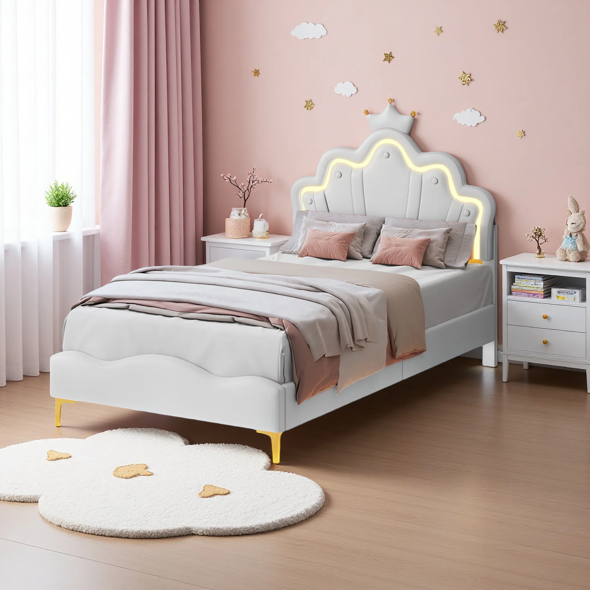 Anajqaqia 90×200 cm Prinzessinnenbett, Kinder-Einzelbett, Kopfteil mit Krone und LED-Beleuchtung, mit Lattenrost, Schlafzimmermöbel Image