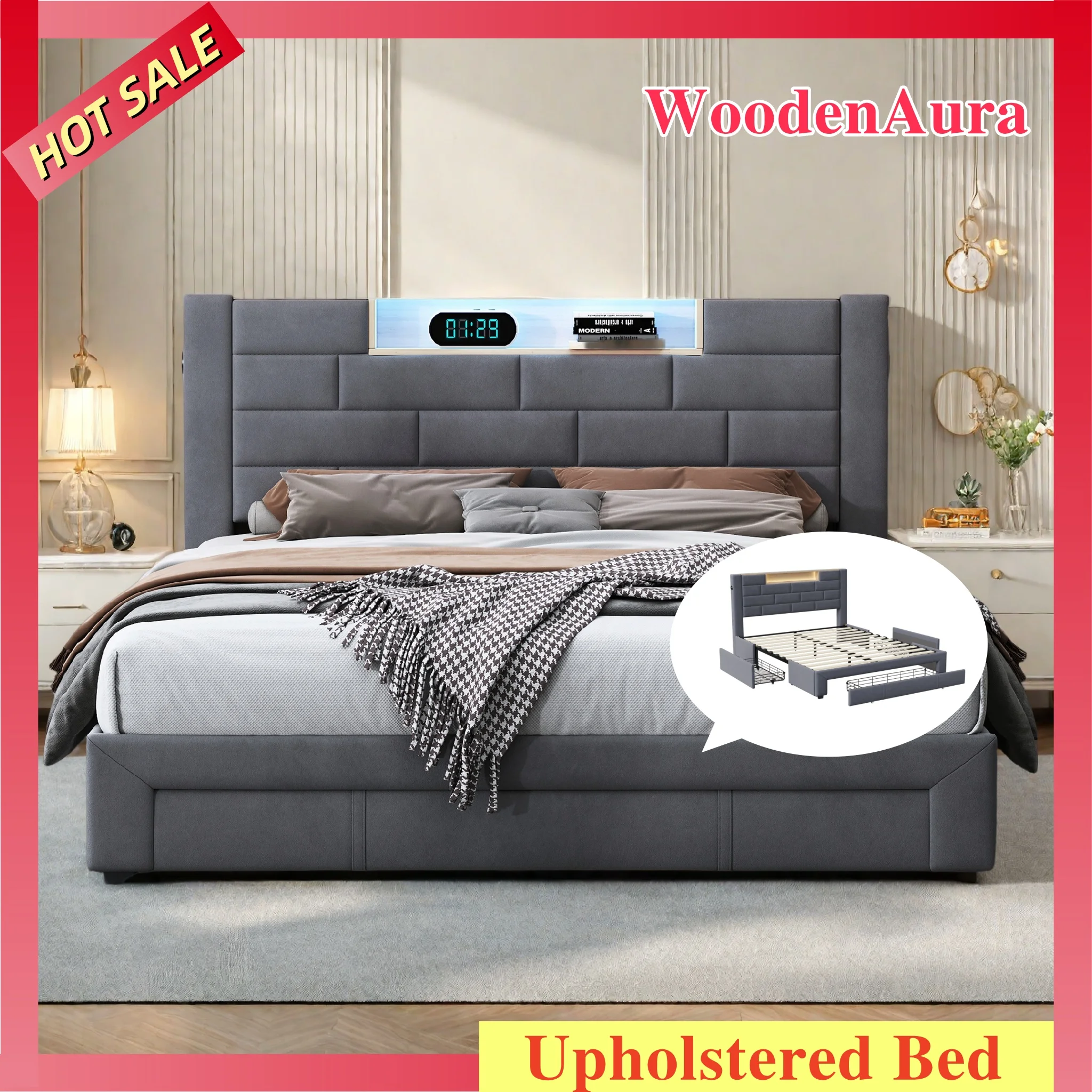 WoodenAura Bett 140x200cm, gepolstertes Kopfteil mit LED-Lichtleiste und Ladeanschlüssen, integrierte Schubladen, Doppelbett, grauer Samt Image