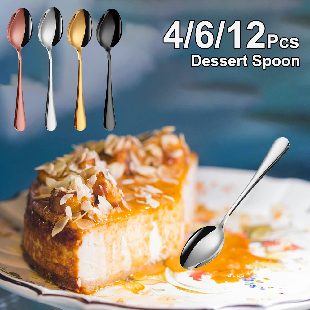 7,09" Spiegel Gold Dessertlöffel Edelstahl Rührlöffel 4/6/12 Stück Kuchen Salatlöffel Set Besteck Schwarz Dünnes Besteck Image