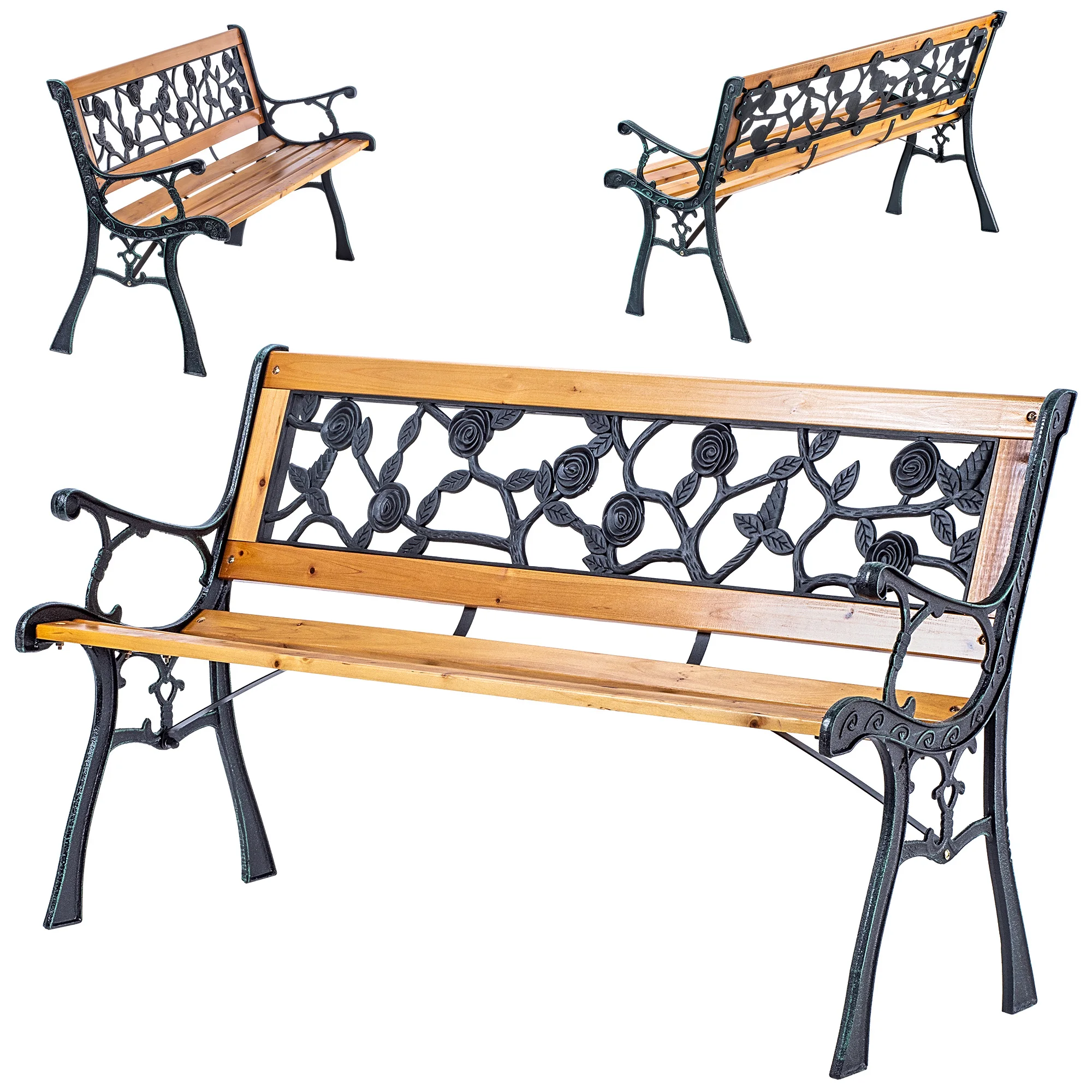 KADAX Gartenbank Park Holzpark 127 cm Bank mit Rückseite aus Gusseisenrosen
