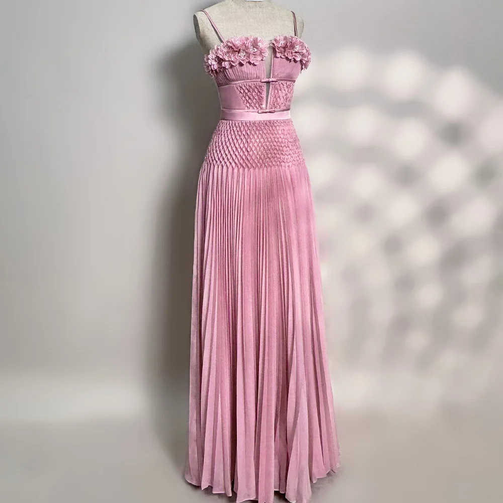 Maßgeschneidertes, exquisites rosa Chiffon-Abendkleid mit 3D-Blumen und Perlen und Kristallen, sexy V-Ausschnitt, Spaghettiträgern, A-Linie