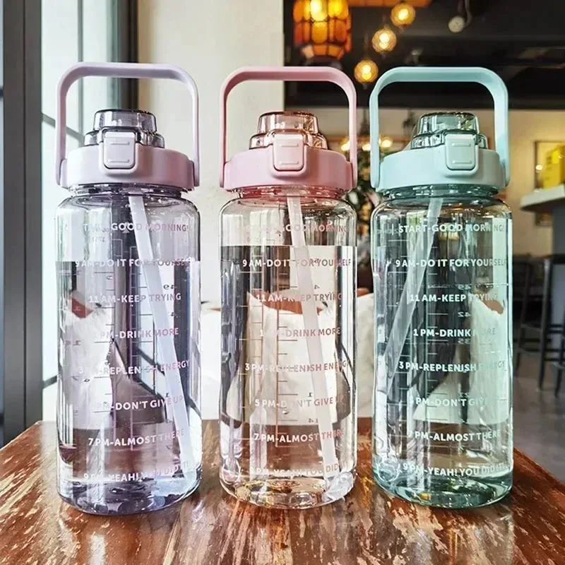 1 Stück Große Motivations-Wasserflasche mit Zeitmarkierung Auslaufsichere Tragbare Sportflasche mit Strohhalm & Griff für Fitness Image