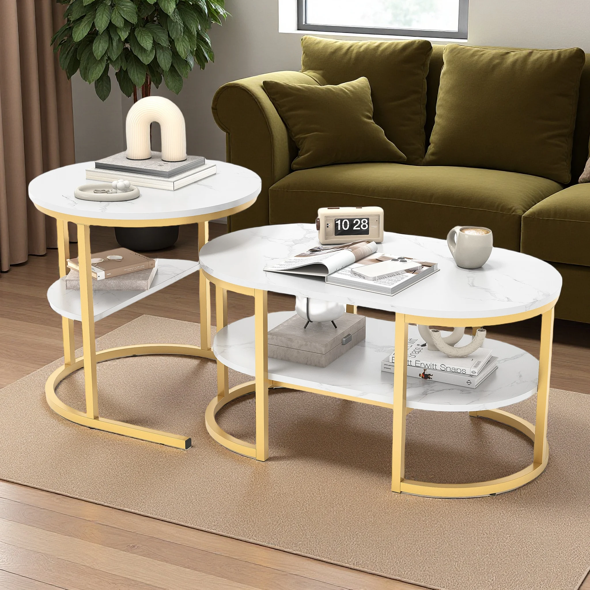 Anajqaqia Set aus 2 Couchtischen, runde und ovale Beistelltische mit Stauraum, Metallgestell, ineinanderstellbare Tische, Weiß & Gold