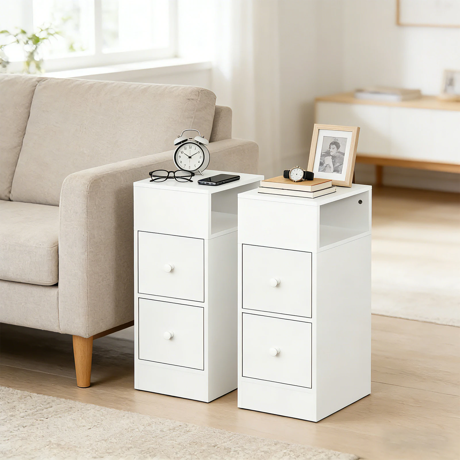 2er-Set, Nachttisch, schmale Beistelltische mit 2 Schubladen, Nachttisch mit offenem Fach, für schmale Räume, für Schlafzimmer, Wohnzimmer, Eiche/Weiß Image