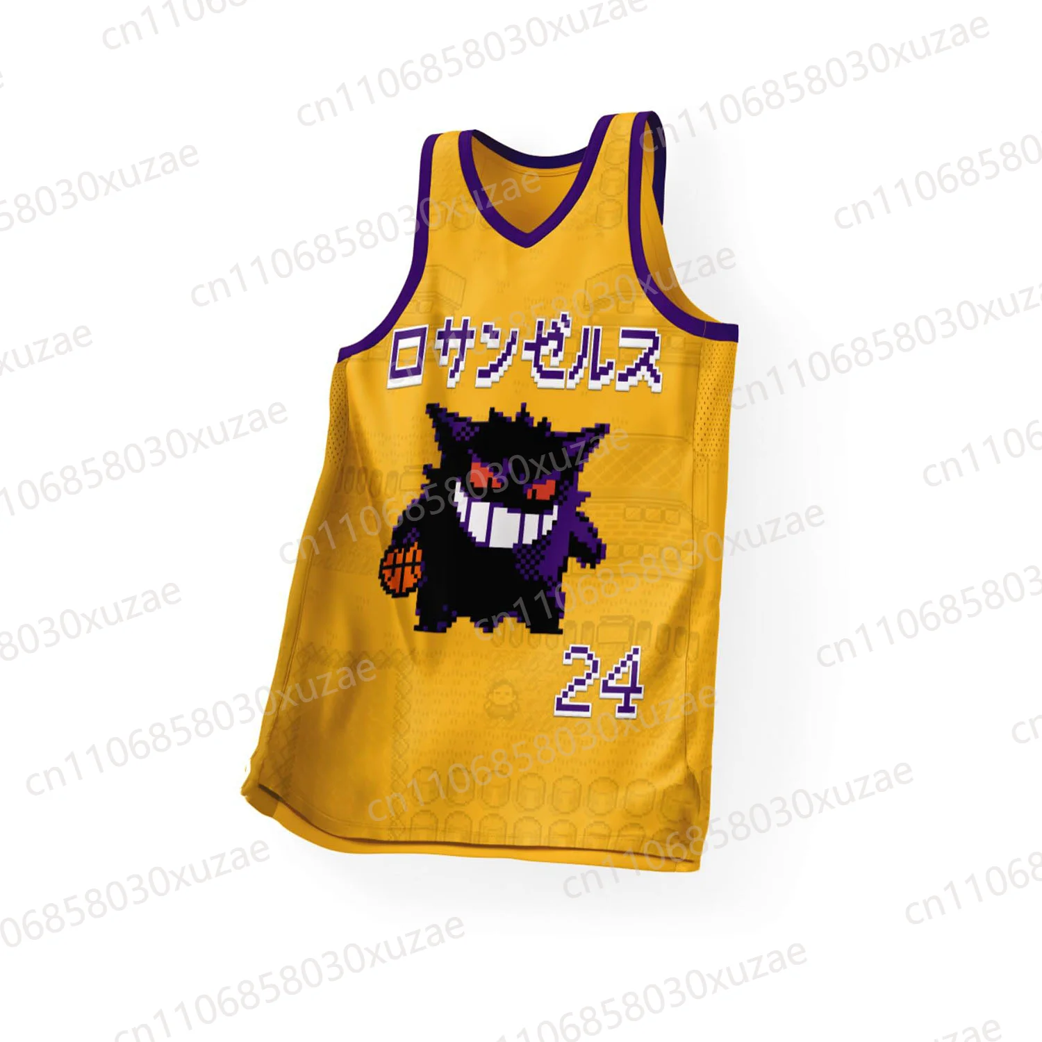 Retro Anime Gengar Grafik-Trikot 24 Pixel Art Gamer Tanktop Gelbes Mesh-Basketballshirt Herren Sportbekleidung