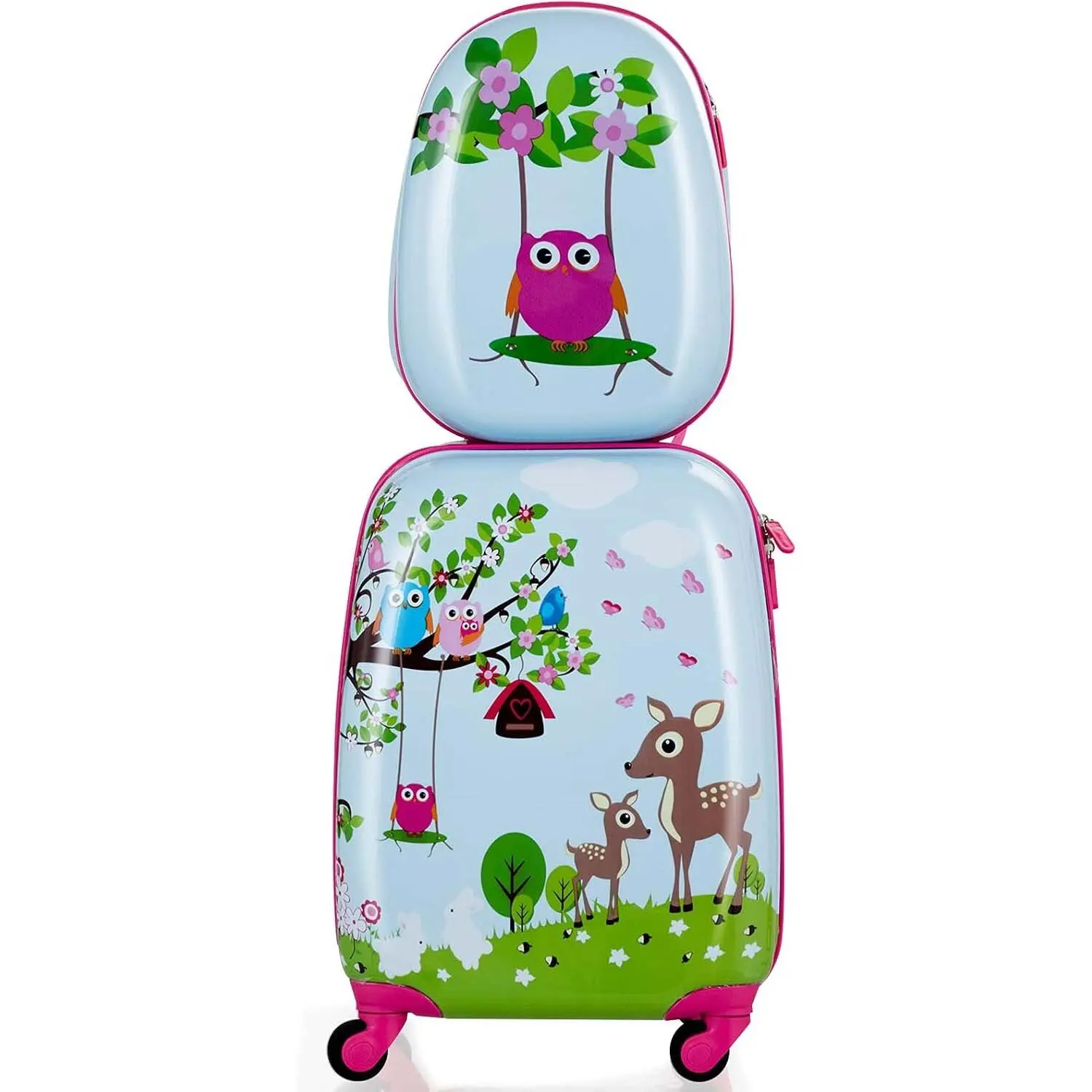 2-teiliger Kinderkoffer + Rucksackwagen aus Kunststoff, Set Handgepäck, Reisegepäck, ABS, Blau und Rosa Image