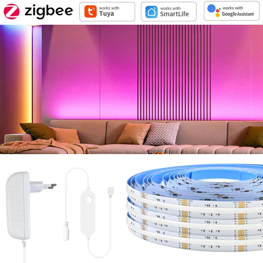 Tuya Zigbee 3.0 COB RGB+CCT LED-Streifen 12V 1m 2m 3m 5m Dimmbar Schlafzimmer Schrankbeleuchtung für Alexa Google Assistant SmartThings