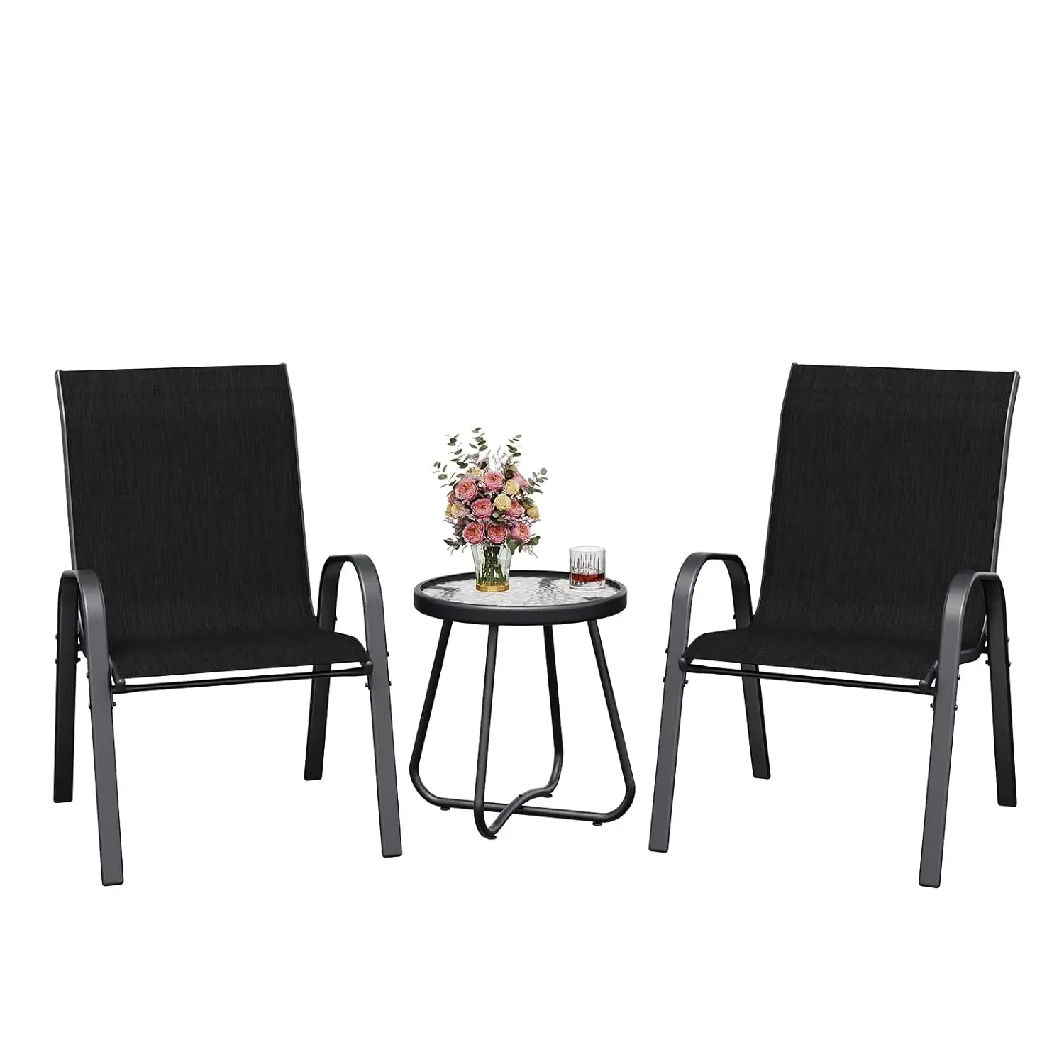 3-teiliges Balkonmöbel-Set, Bistro-Set klein mit Bistrotisch und 2 stapelbaren Gartenstühlen aus Textilene, individuell gestaltet