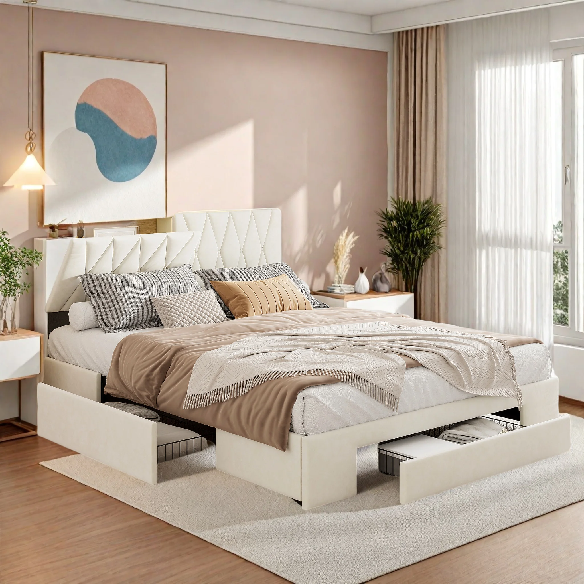 Comanlai 140x200cm Polsterbett, Doppelbett mit Stauraum-Kopfteil, 3 Schubladen und USB-Ladefunktion, Samt, Beige Image