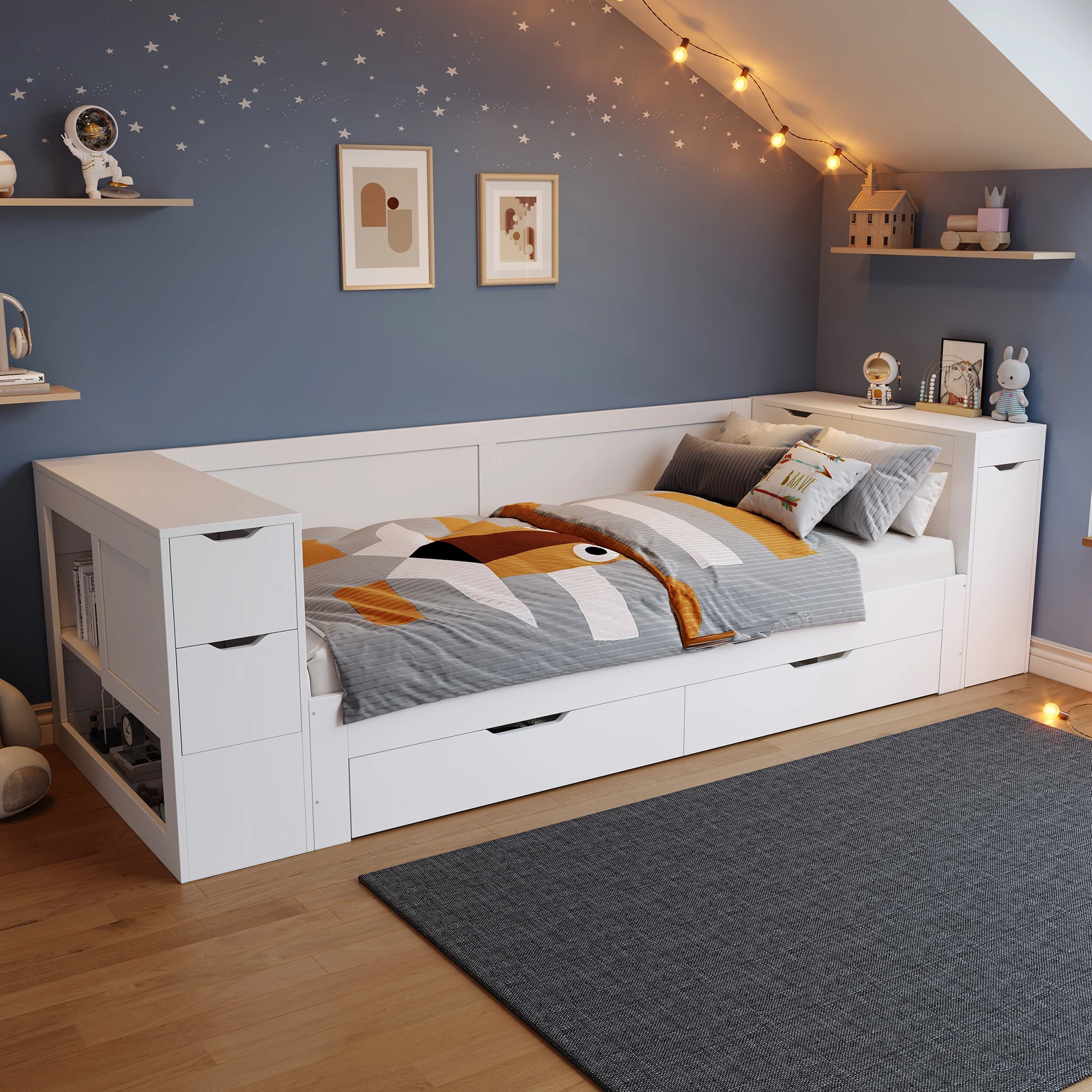 KOMHTOM Weißes multifunktionales Kinder Einzelbett Daybed 90x200cm mit Nachttisch Schubladen Regalen und Stauraum ohne Matratze Image