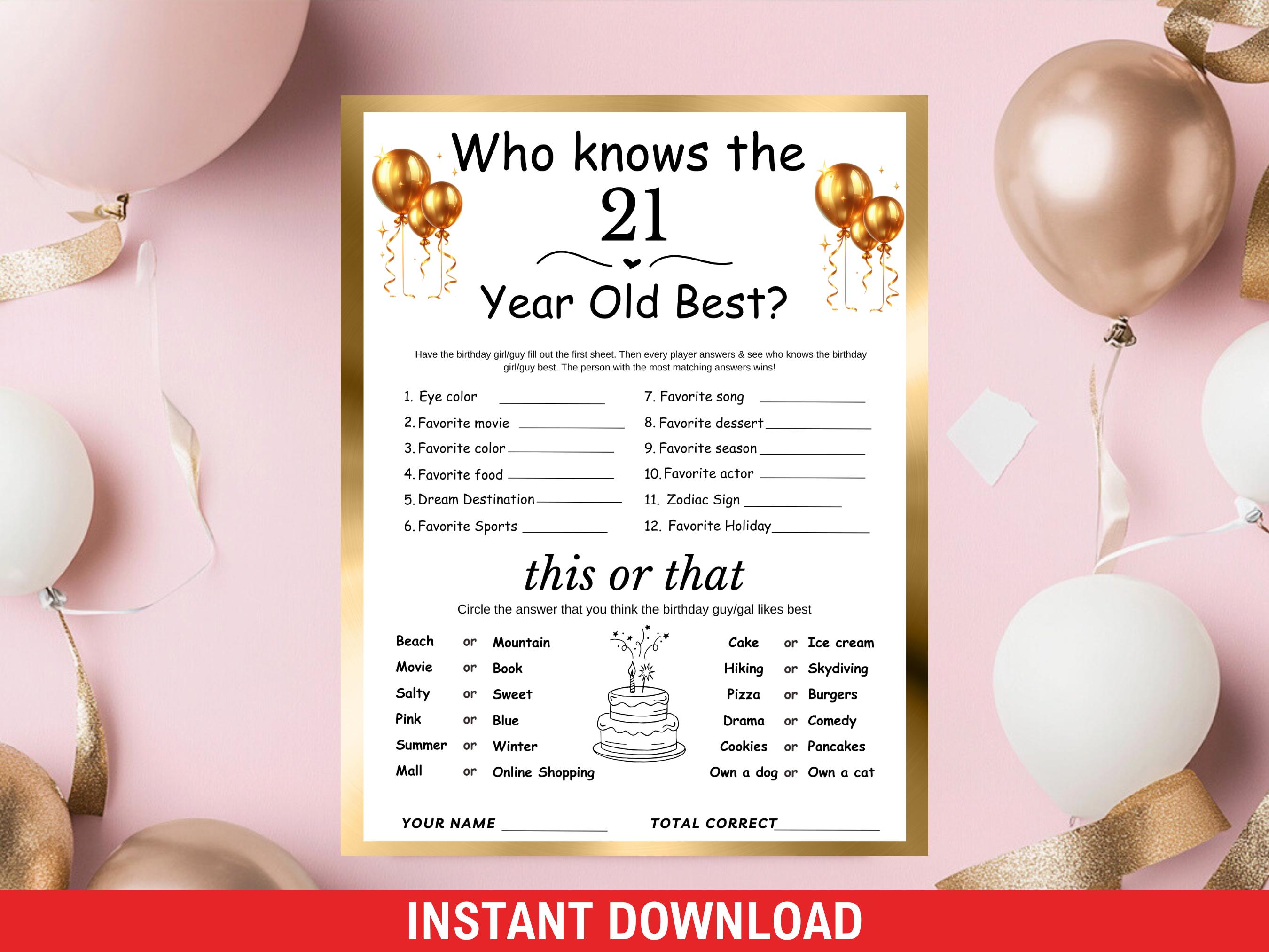 Chi conosce il miglior gioco per i 21enni? Gioco per il 21o compleanno, stampabile, attività per la festa del 21o compleanno, quiz sul 21o compleanno,