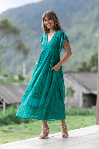 Ethereal,'Embellished Embroidered Teal Empire Waist Dress'