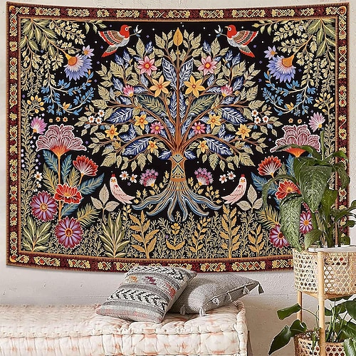 Lebensbaum-Wandteppich im volkstümlichen Stil, böhmische Vögel und Blumen, Naturlandschaft, schwarzer Hintergrund, spirituelle Dekoration für Wohnzimmer, Schlafzimmer oder als Wandbild für den Image