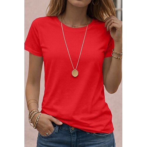 Damen T Shirt T-Shirt Einfarbig Klassisch Lässig Kurzarm Rundhalsausschnitt Normale Oberteile Täglich Ausgehen Hellkaki Schwarz Weiß Rosa Rote Sommer Frühling Image