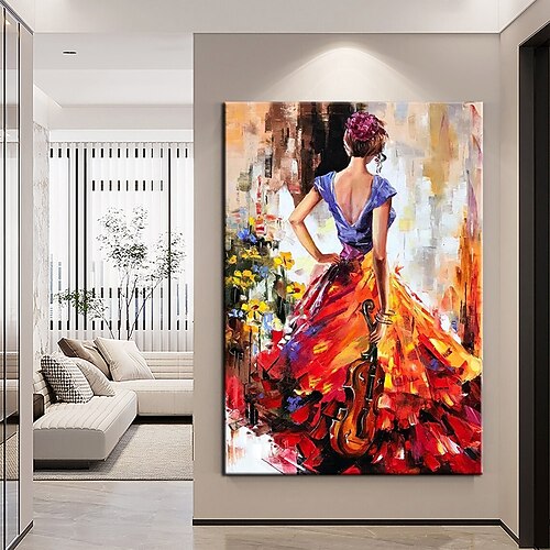 handgemaltes wunderschönes Mädchen mit Geigenölgemälde, abstraktes Frauengemälde, Wandkunst, luxuriöses Geschenk für sie, blaugoldenes Mädchengemälde, Musikölgemälde für Wanddekoration, moderne Image