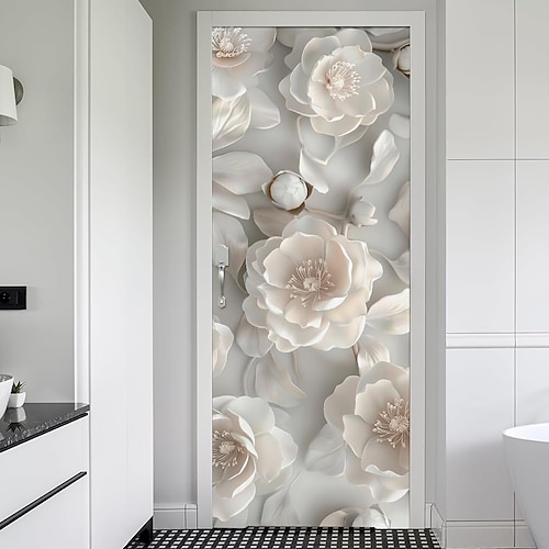 Elegantes 3D-Blumenrelief mit Kamelien und Pfingstrosen als Türbanner, Wandteppich oder luxuriöse, minimalistische Wanddekoration für Badezimmer, Schlafzimmer, Eingangsbereich und mehr. Image