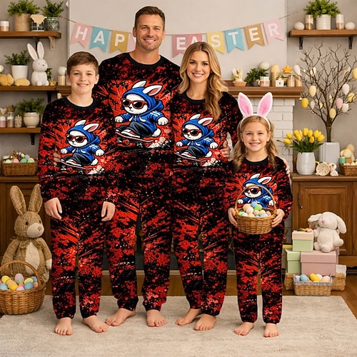 Familie Ostern Schlafanzug Grafik Hase Lässig Druck Weiß Dunkelrot Rote Langarm Urlaub Passende Outfits Image