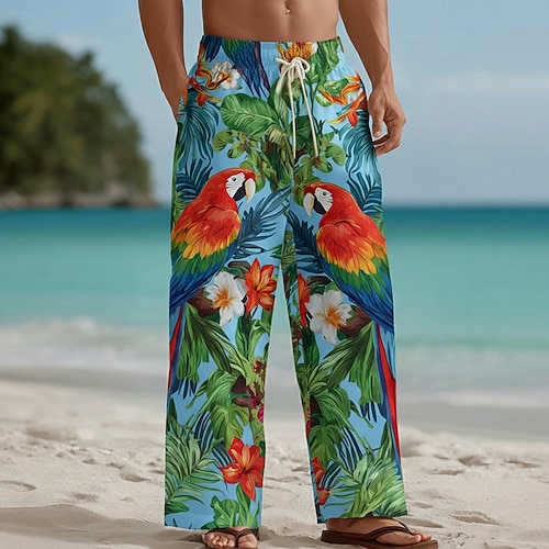 Herren Tropische Blumen Papagei Palmblatt Hose Baggy-Hosen Freizeithose Mittlere Taille Hawaiianisch Outdoor Urlaub Strandbekleidung Elastischer Kordelzug in der Taille Leinenähnliche Hose mit Taschen Image
