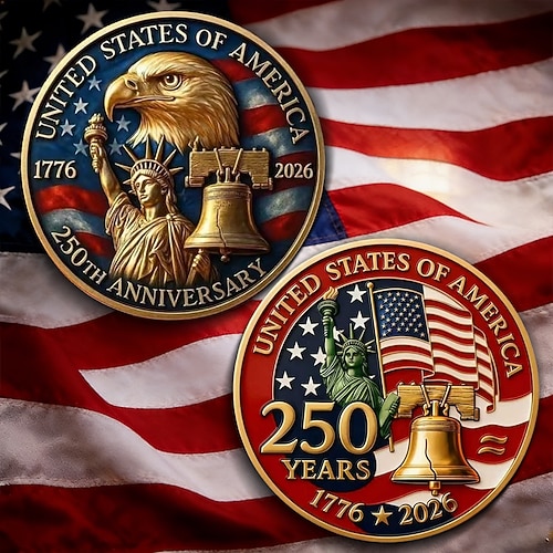 Gedenkmünze zum 250. Jahrestag der Unabhängigkeit der USA (1776–2026), Sammlermünze mit patriotischem Adler, Freiheitsglocke und Freiheitsstatue Image